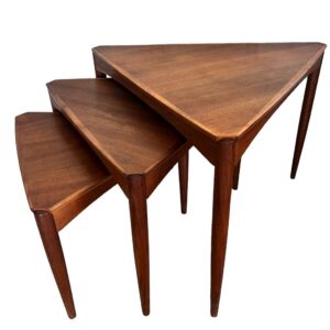 Dux MCM Triangle Teak Nesting Tables/ Mid Century Modern Teak Nesting End Tables