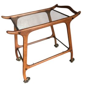 Danish Mid-Century Modern Teak & Glass Bar Cart / Serving Trolley on Brass Casters