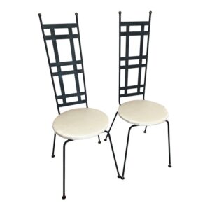 Pair of Arthur Umanoff Style Dining Chairs | Mid Century Modern Iron | Geometric Grid Back Metal Side Chairs | Atomic Age