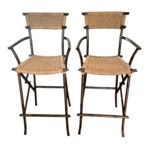 Vintage Metal Faux Bamboo Bar Stools – Set of 2 | Woven Rush Counter Stools | Hollywood Regency | Coastal Palm Beach Style
